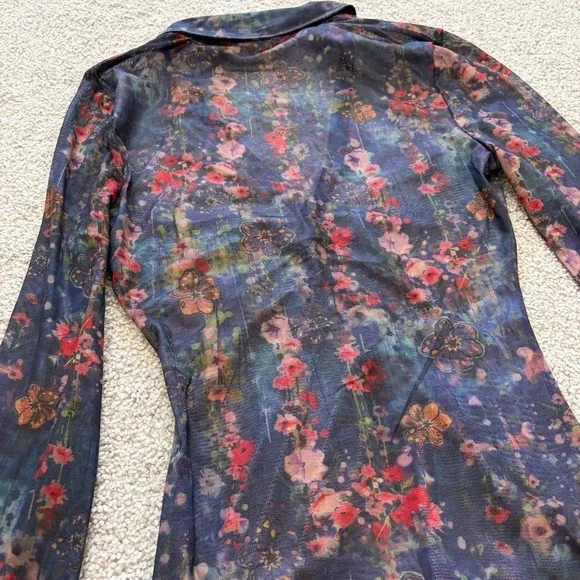 Natural Life Carina Mesh Top Womens S Blue Floral Cottage Whimsigoth Fairy Witch - Picture 9 of 9